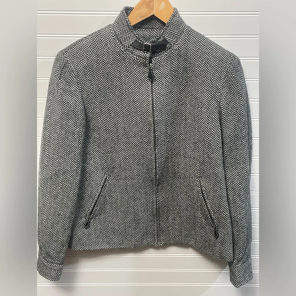 Lauren Ralph Lauren Black & White Herringbone Jacket Wool Alpaca Leather Size 4 - Picture 1 of 11